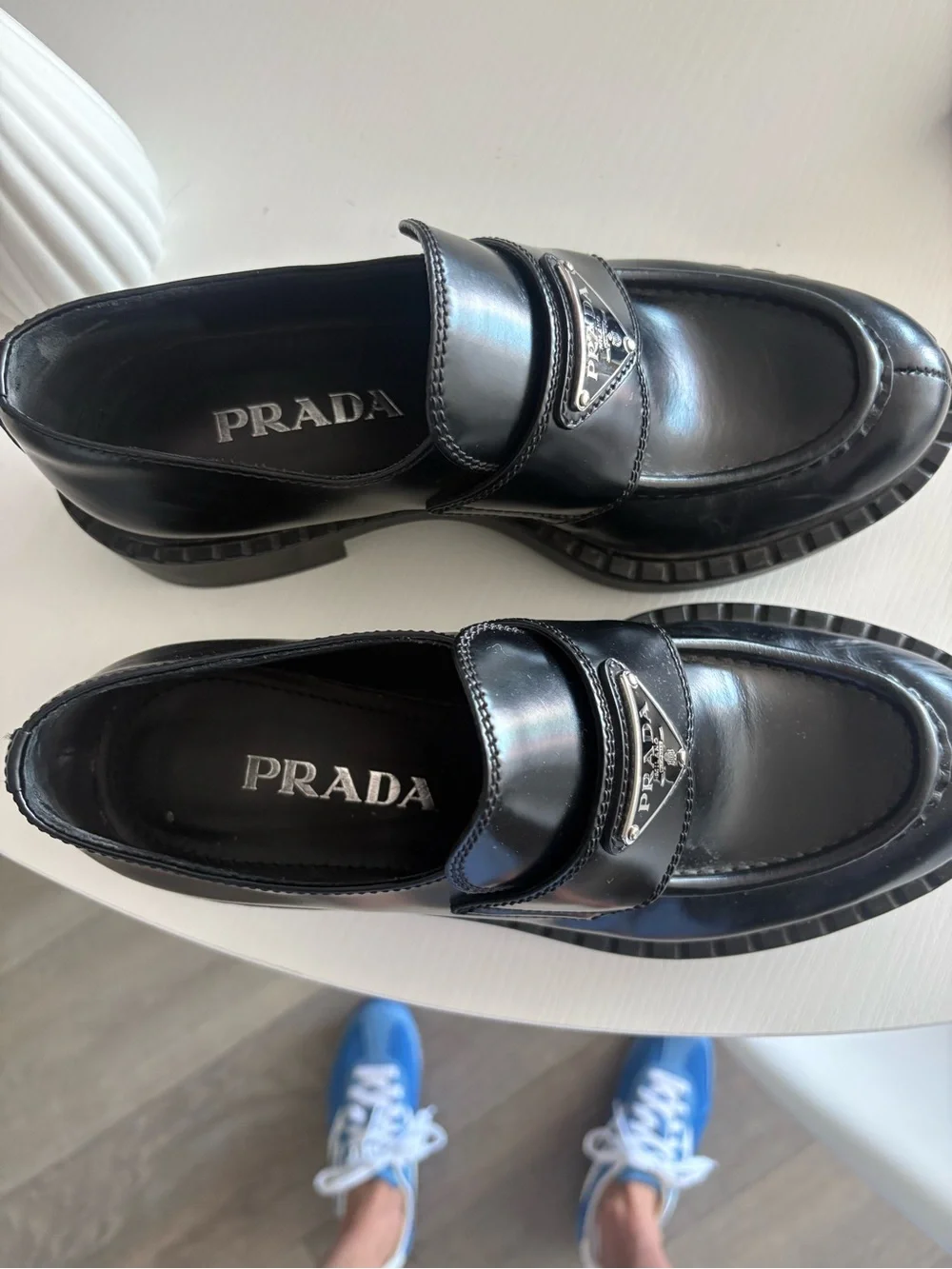 Prada Black Leather Penny Loafers with Silver Triangle Logo - Picture 2 of 12